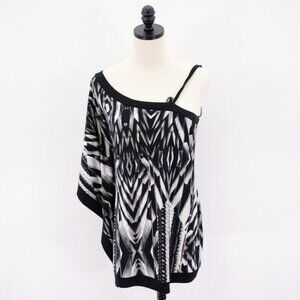 DAMAGED Pidcadilly Fashions Small One‎ Shoulder Kimono Top Black White Blouse